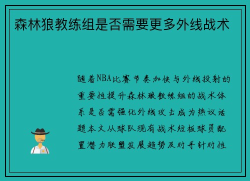 森林狼教练组是否需要更多外线战术