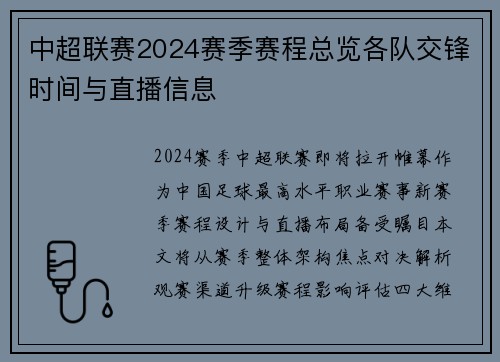 中超联赛2024赛季赛程总览各队交锋时间与直播信息