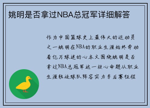 姚明是否拿过NBA总冠军详细解答