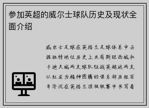 参加英超的威尔士球队历史及现状全面介绍
